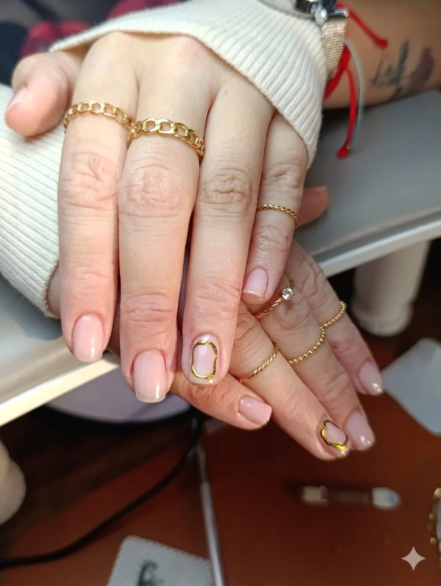 Manicura nude con detalles dorados realizada en Kalen Studio