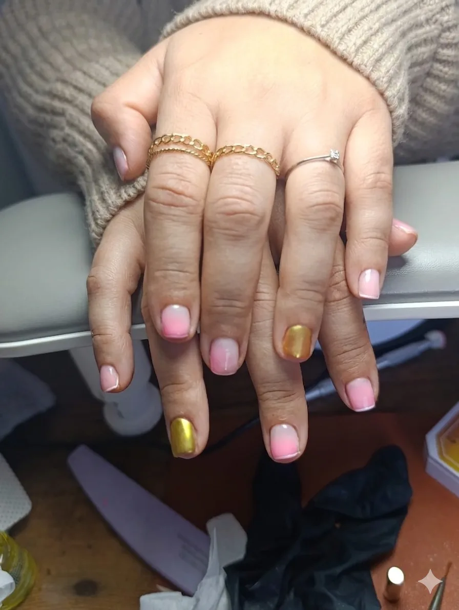 Manicura rosa con detalles dorados realizada en Kalen Studio